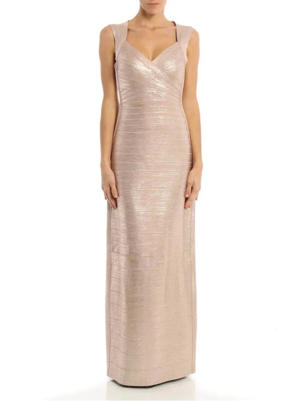Herve Leger Sweetheart Banded Foil Gown Rose Gold NWT